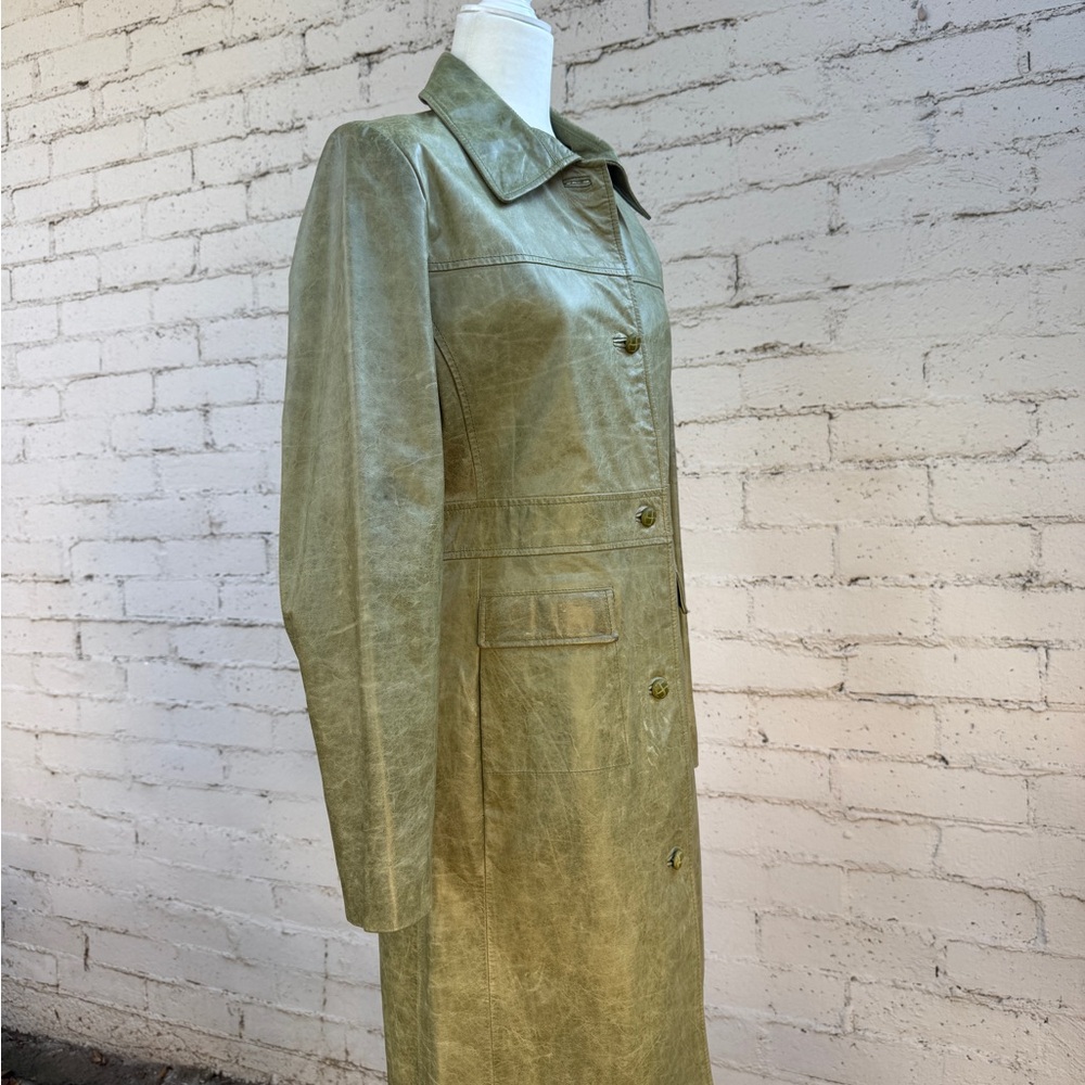 Vintage Pasha & Jo Leather Coat Olive Green Size M - Picture 3 of 14